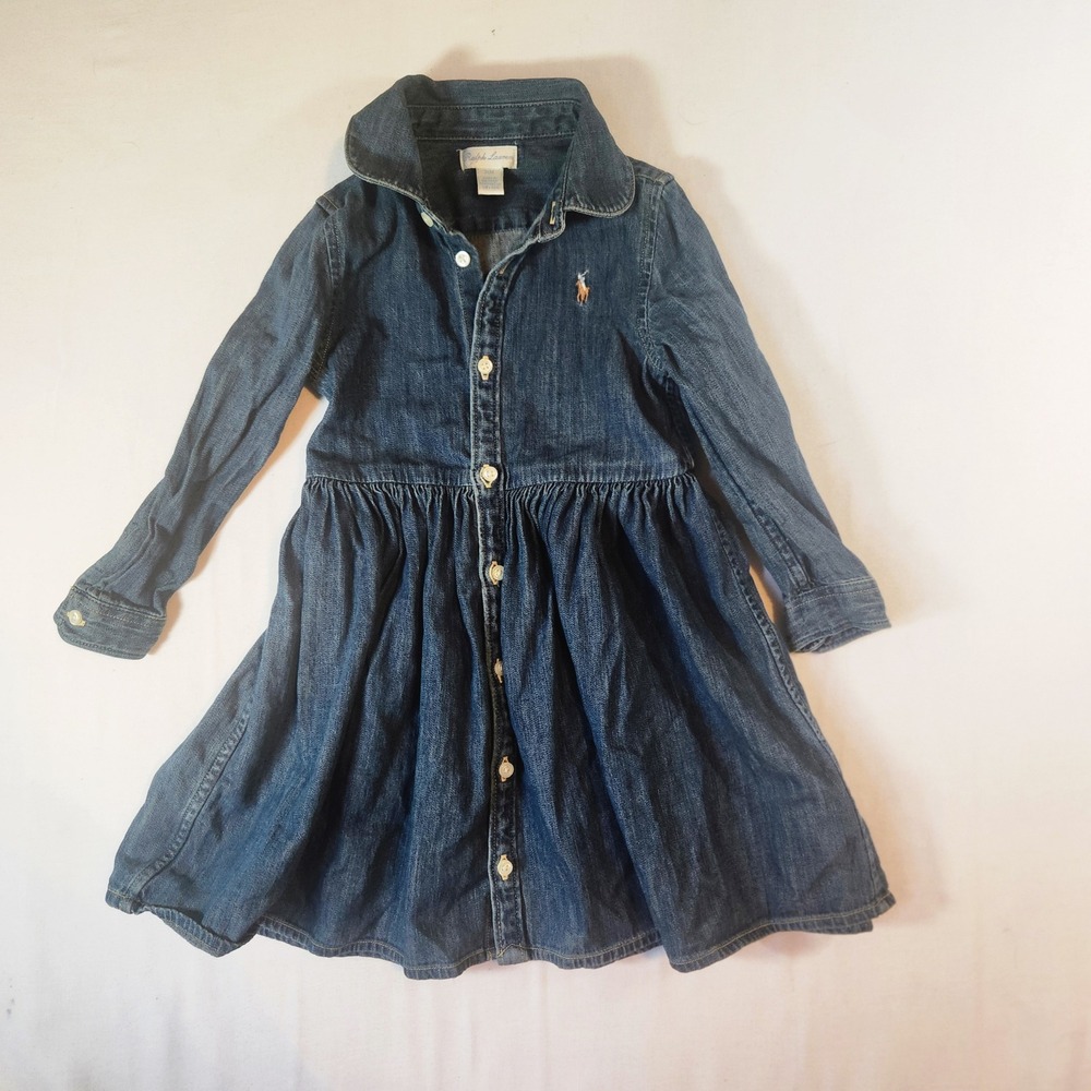 Ralph Lauren Girls Blue Denim Shirt Dress Long Sleeve Pony Logo 24M